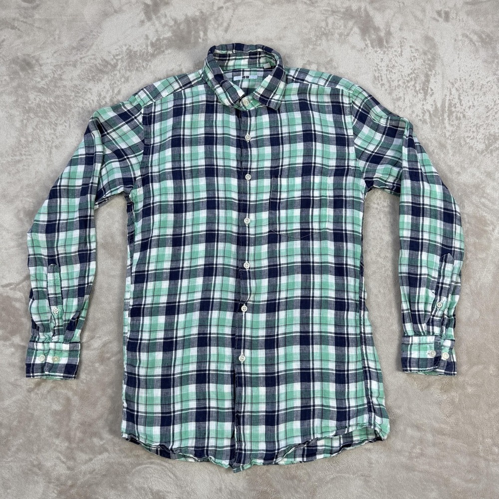 Uniqlo Linen Shirt Mens XS Green Blue Plaid Button Up Long Sleeve Casual